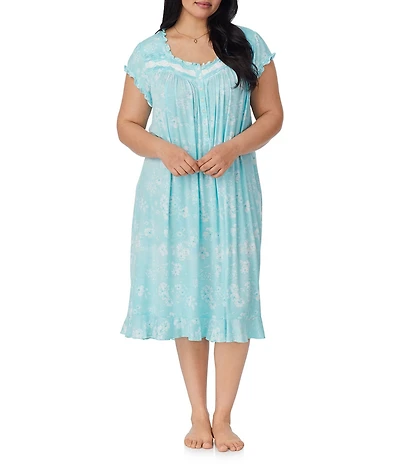 Eileen West Plus Size Floral Print Cap Sleeve Sweetheart Neck Jersey Knit Nightgown