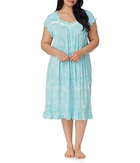Eileen West Plus Size Floral Print Cap Sleeve Sweetheart Neck Jersey Knit Nightgown