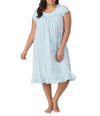 Eileen West Plus Size Floral Print Cap Sleeve Sweetheart Neck Jersey Knit Waltz Nightgown