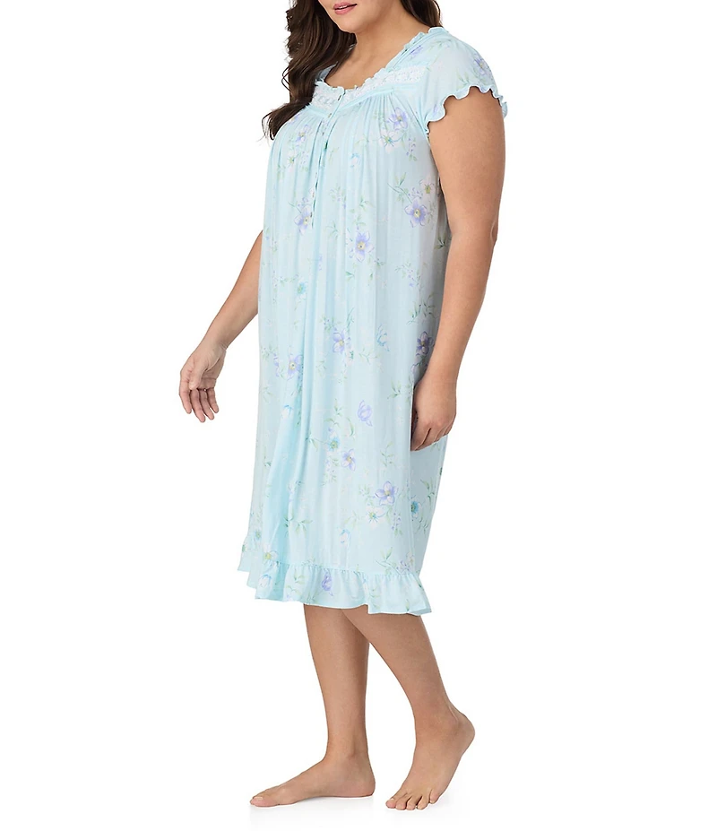 Eileen West Plus Size Floral Print Cap Sleeve Sweetheart Neck Jersey Knit Waltz Nightgown
