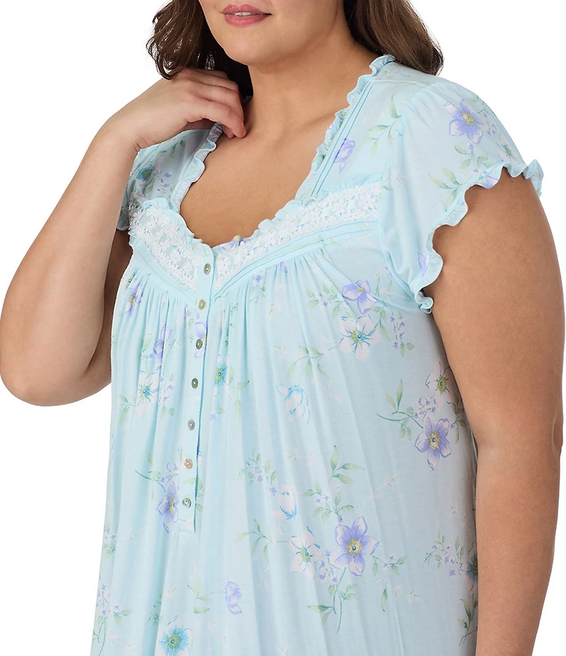 Eileen West Plus Size Floral Print Cap Sleeve Sweetheart Neck Jersey Knit Waltz Nightgown