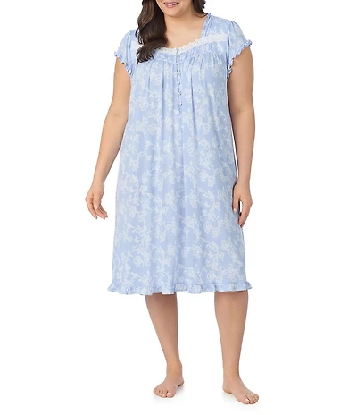 Eileen West Plus Size Floral Print Cap Sleeve Sweetheart Neck Jersey Knit Waltz Nightgown