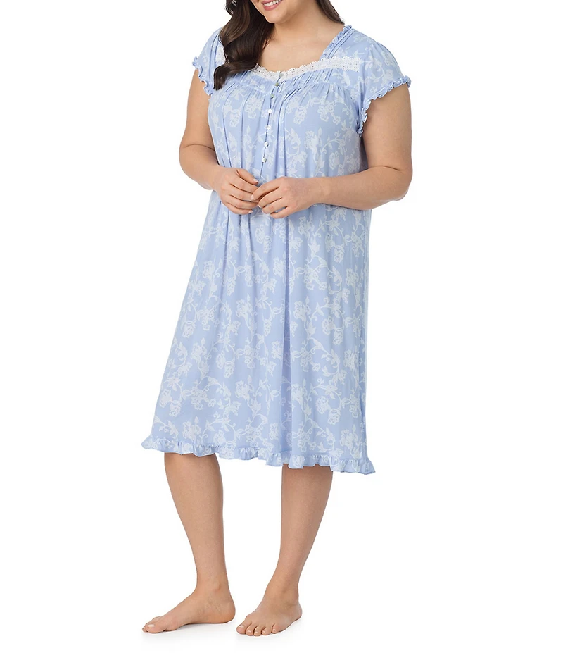 Eileen West Plus Size Floral Print Cap Sleeve Sweetheart Neck Jersey Knit Waltz Nightgown