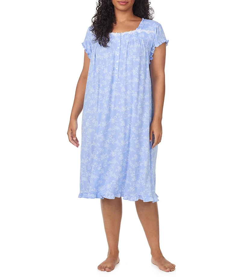 Eileen West Plus Size Floral Print Cap Sleeve Sweetheart Neck Jersey Knit Waltz Nightgown