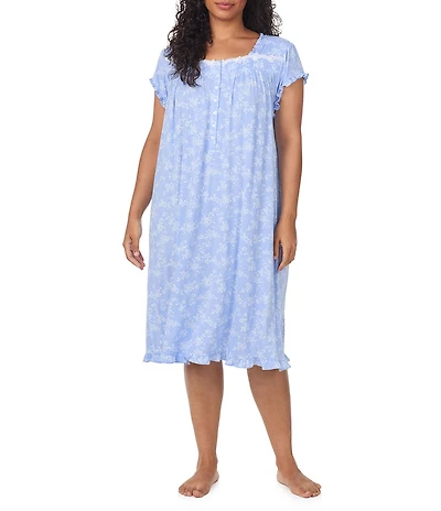 Eileen West Plus Size Floral Print Cap Sleeve Sweetheart Neck Jersey Knit Waltz Nightgown