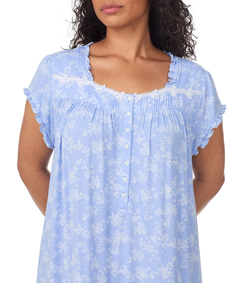 Eileen West Plus Size Floral Print Cap Sleeve Sweetheart Neck Jersey Knit Waltz Nightgown