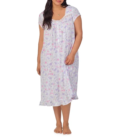 Eileen West Plus Size Floral Print Cap Sleeve Sweetheart Neck Partial Button Front Jersey Knit Waltz Nightgown