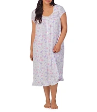 Eileen West Plus Size Floral Print Cap Sleeve Sweetheart Neck Partial Button Front Jersey Knit Waltz Nightgown