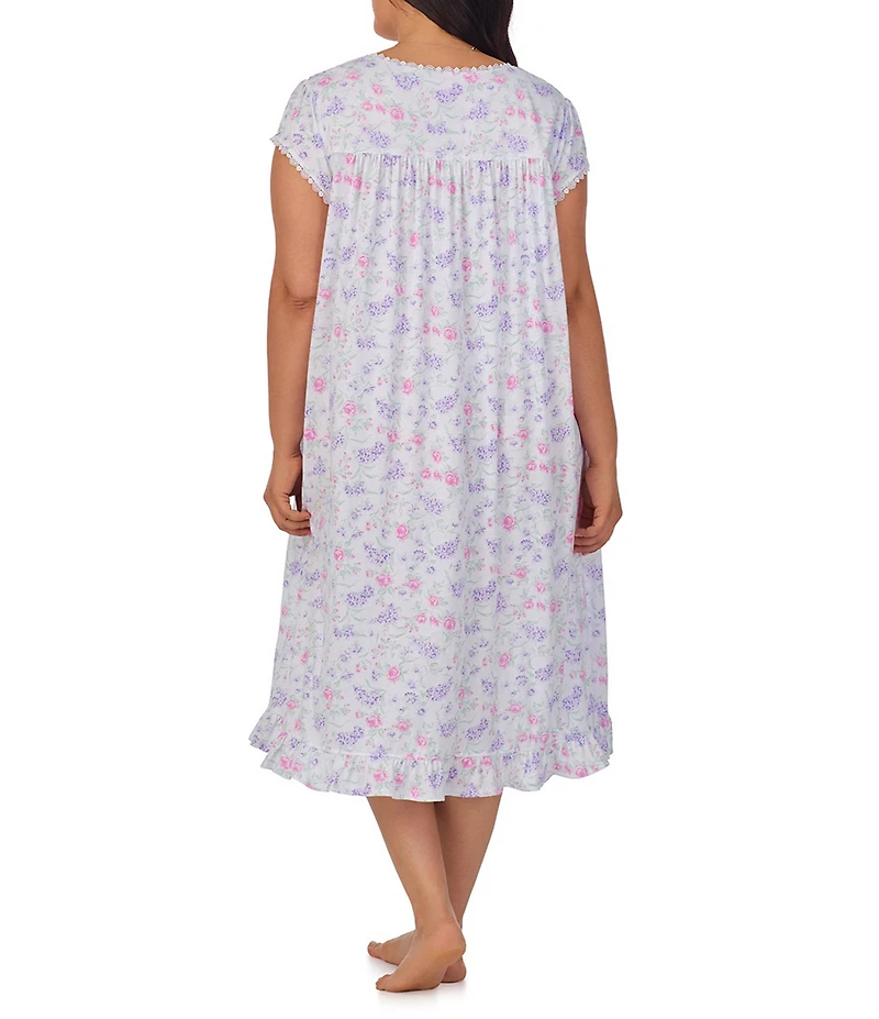 Eileen West Plus Size Floral Print Cap Sleeve Sweetheart Neck Partial Button Front Jersey Knit Waltz Nightgown