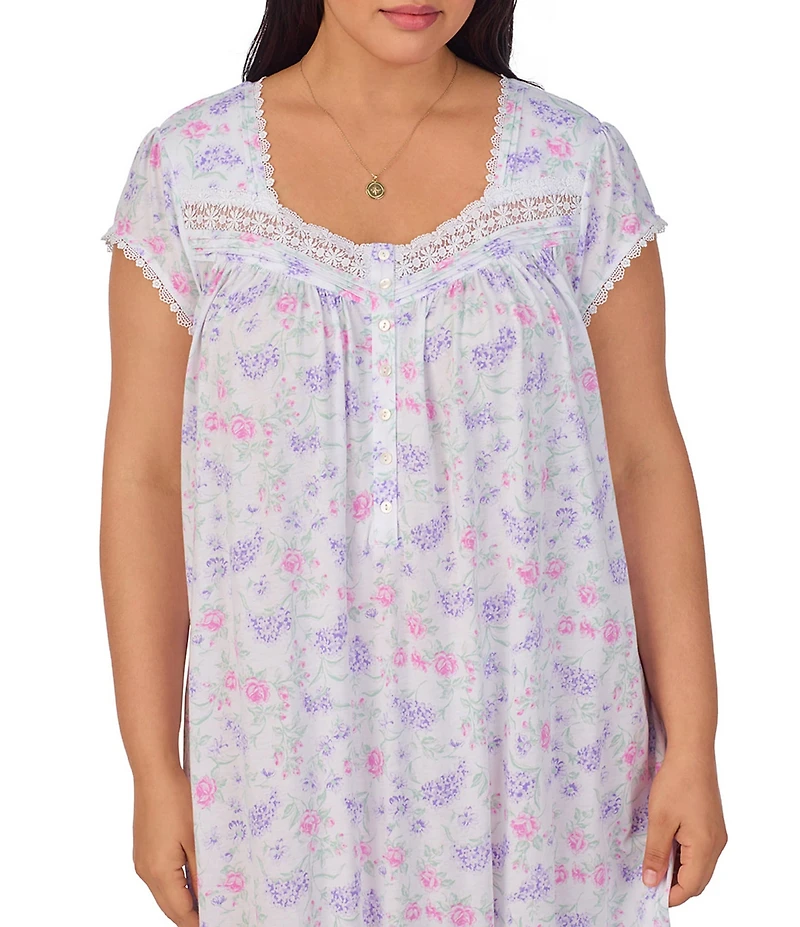 Eileen West Plus Size Floral Print Cap Sleeve Sweetheart Neck Partial Button Front Jersey Knit Waltz Nightgown