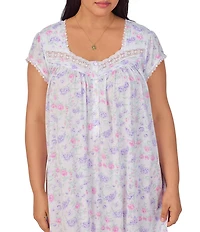 Eileen West Plus Size Floral Print Cap Sleeve Sweetheart Neck Partial Button Front Jersey Knit Waltz Nightgown
