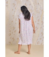 Eileen West Plus Size Floral Print Cap Sleeve Sweetheart Neck Partial Button Front Jersey Knit Waltz Nightgown