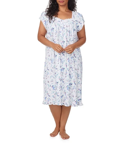 Eileen West Plus Size Floral Print Cap Sleeve Sweetheart Neck Pointelle Knit Waltz Nightgown