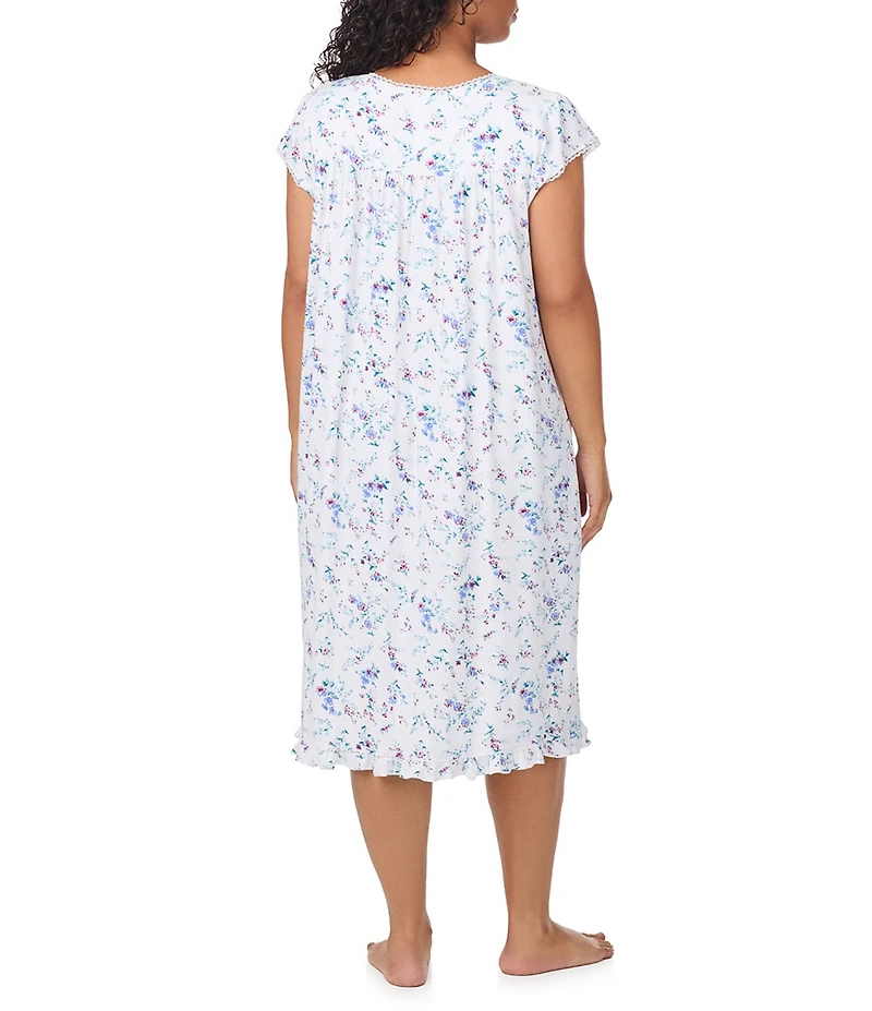 Eileen West Plus Size Floral Print Cap Sleeve Sweetheart Neck Pointelle Knit Waltz Nightgown