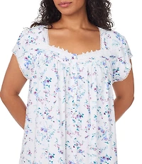 Eileen West Plus Size Floral Print Cap Sleeve Sweetheart Neck Pointelle Knit Waltz Nightgown