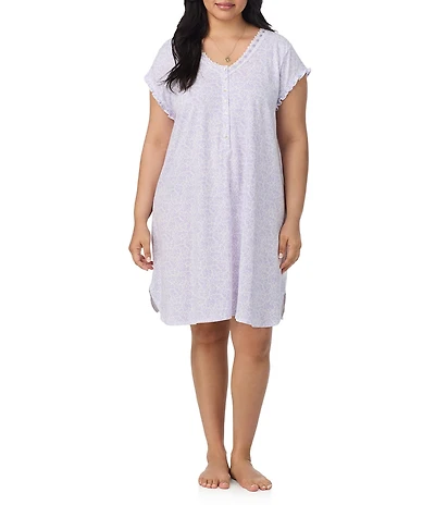 Eileen West Plus Size Floral Print Cap Sleeve V Neck Jersey Knit Cotton Short Nightgown