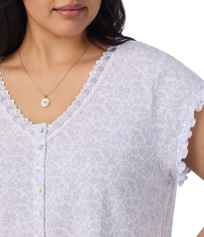 Eileen West Plus Size Floral Print Cap Sleeve V Neck Jersey Knit Cotton Short Nightgown