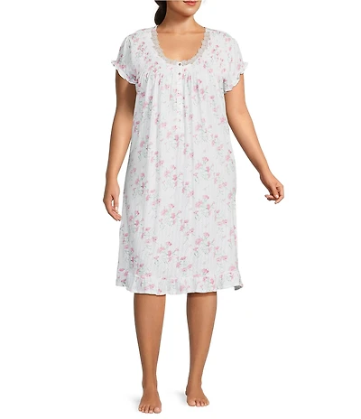 Eileen West Plus Size Floral Print Cap Sleeve V Neck Pointelle Waltz Nightgown