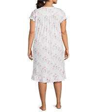 Eileen West Plus Size Floral Print Cap Sleeve V Neck Pointelle Waltz Nightgown
