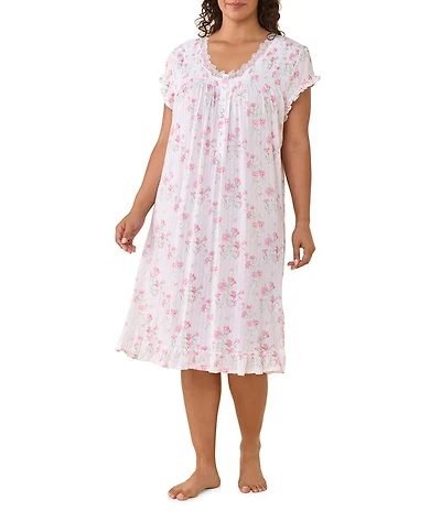 Eileen West Plus Size Floral Print Short Sleeve V Neck Pointelle Waltz Nightgown