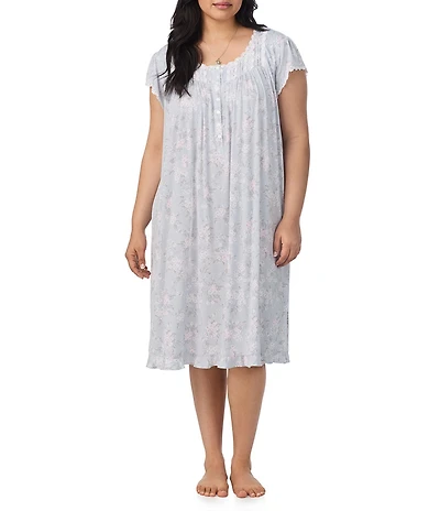Eileen West Plus Size Floral Print Modal Jersey Knit Cap Sleeve Scoop Neck Waltz Nightgown
