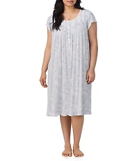 Eileen West Plus Size Floral Print Modal Jersey Knit Cap Sleeve Scoop Neck Waltz Nightgown
