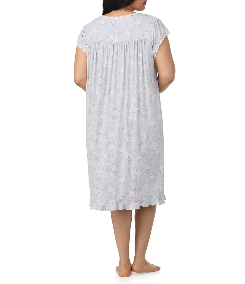 Eileen West Plus Size Floral Print Modal Jersey Knit Cap Sleeve Scoop Neck Waltz Nightgown