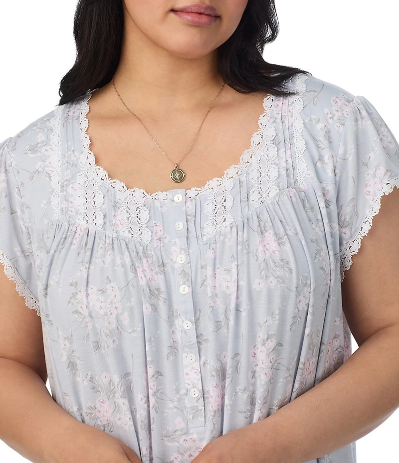 Eileen West Plus Size Floral Print Modal Jersey Knit Cap Sleeve Scoop Neck Waltz Nightgown