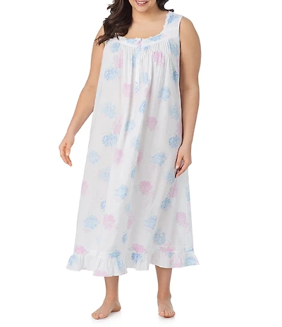 Eileen West Plus Size Floral Print Sleeveless Sweetheart Neck Woven Ballet Nightgown