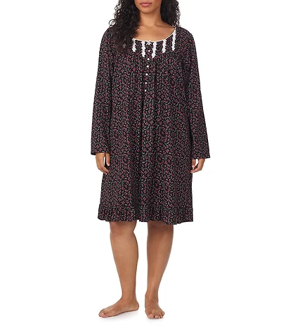 Eileen West Plus Size Floral Print Sweetheart Neck Long Sleeve Knit Short Nightgown