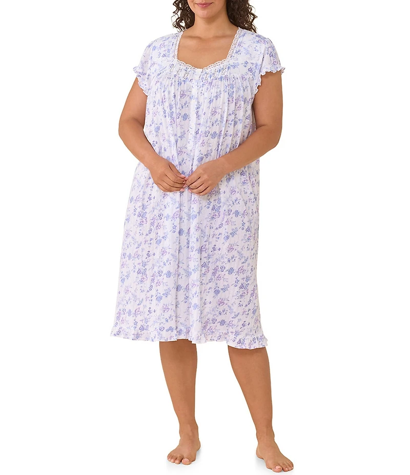 Eileen West Plus Size Lavender Floral Print Cap Sleeve Sweetheart Neck Cotton Pointelle Waltz Nightgown