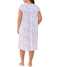Eileen West Plus Size Lavender Floral Print Cap Sleeve Sweetheart Neck Cotton Pointelle Waltz Nightgown