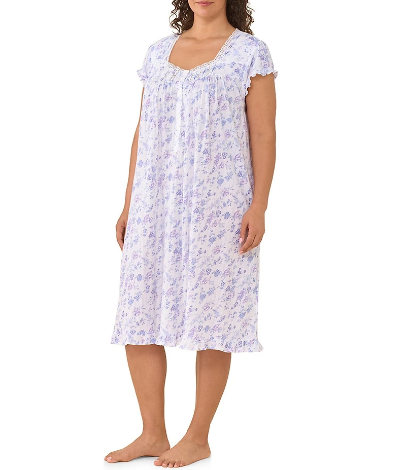 Eileen West Plus Size Lavender Floral Print Cap Sleeve Sweetheart Neck Cotton Pointelle Waltz Nightgown