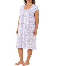 Eileen West Plus Size Lavender Floral Print Cap Sleeve Sweetheart Neck Cotton Pointelle Waltz Nightgown