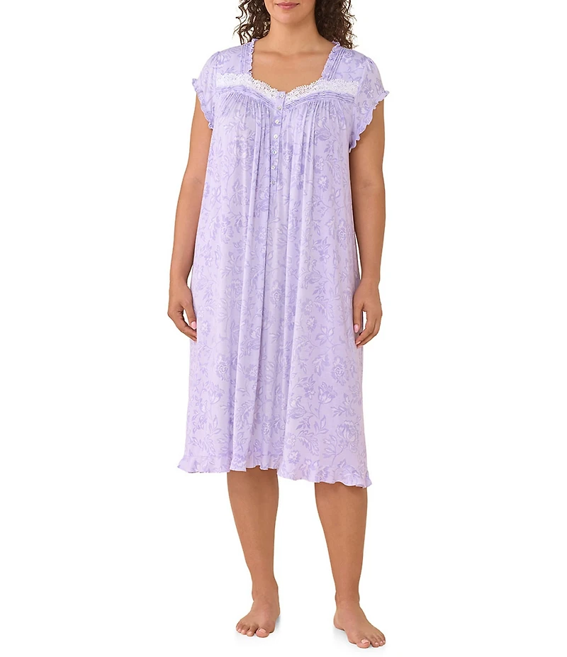Eileen West Plus Size Lavender Floral Print Cap Sleeve Sweetheart Neck Modal Jersey Knit Waltz Nightgown