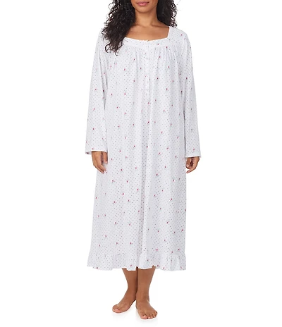 Eileen West Plus Size Long Sleeve Sweetheart Neck Peached Jersey Knit Floral Print Ballet Nightgown