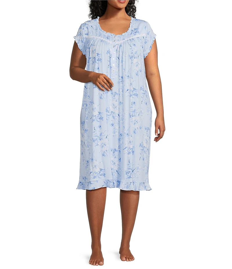 Eileen West Plus Size Printed Cap Sleeve Scoop Neck Jersey Knit Waltz Nightgown