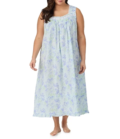 Eileen West Plus Size Sleeveless Sweetheart Neck Woven Lawn Floral Print Ballet Nightgown