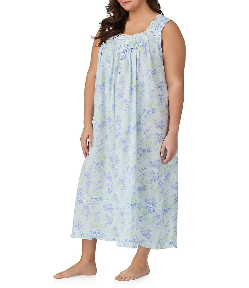 Eileen West Plus Size Sleeveless Sweetheart Neck Woven Lawn Floral Print Ballet Nightgown