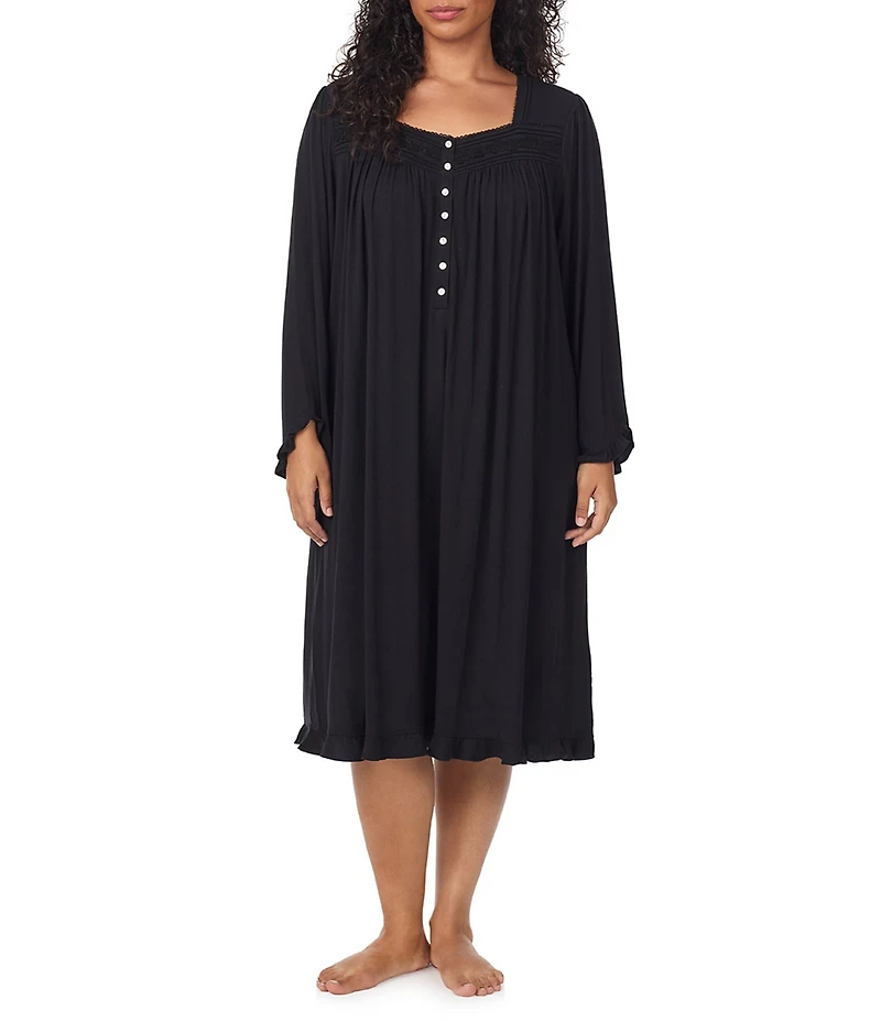 Eileen West Plus Size Solid Long Sleeve Sweetheart Neck Waltz Knit Nightgown