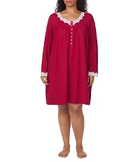 Eileen West Plus Size Solid Sweater Knit Long Sleeve V-Neck Short Nightgown