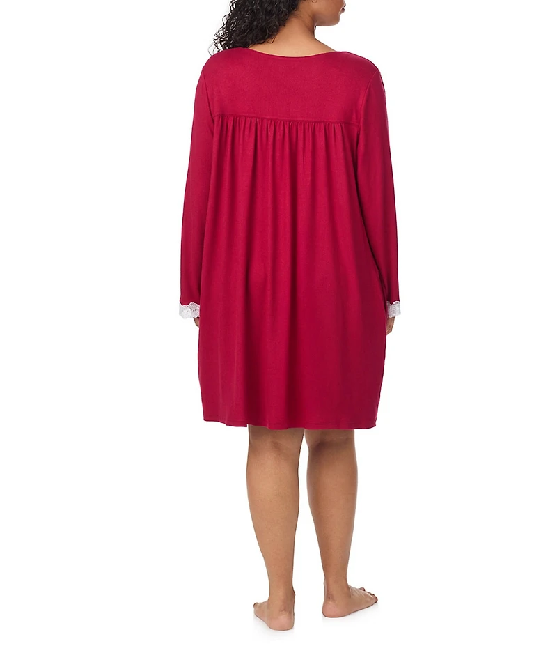 Eileen West Plus Size Solid Sweater Knit Long Sleeve V-Neck Short Nightgown