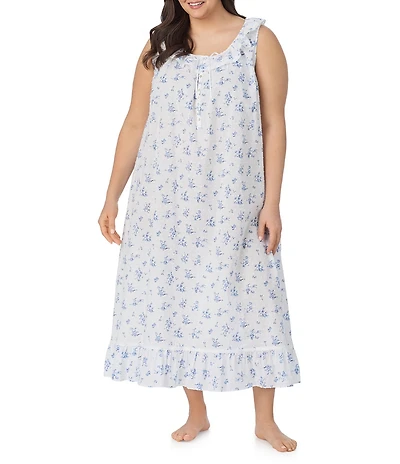 Eileen West Plus Size Swiss Dot Blue Floral Print Sleeveless Round Neck Ballet Nightgown