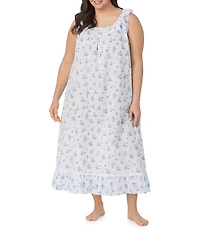 Eileen West Plus Size Swiss Dot Blue Floral Print Sleeveless Round Neck Ballet Nightgown