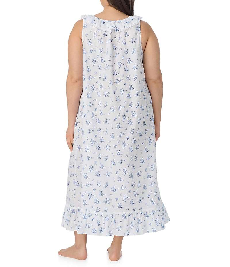 Eileen West Plus Size Swiss Dot Blue Floral Print Sleeveless Round Neck Ballet Nightgown