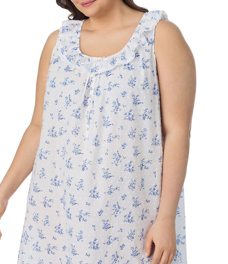 Eileen West Plus Size Swiss Dot Blue Floral Print Sleeveless Round Neck Ballet Nightgown