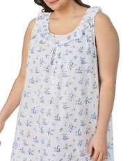 Eileen West Plus Size Swiss Dot Blue Floral Print Sleeveless Round Neck Ballet Nightgown