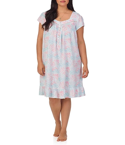 Eileen West Plus Size Watercolor Print Cap Sleeve Sweetheart Neck Jersey Knit Short Nightgown