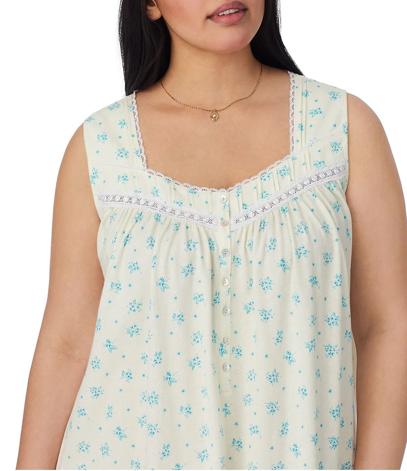 Eileen West Plus Size Yellow Floral Print Sleeveless Sweetheart Neck Jersey Knit Short Nightgown