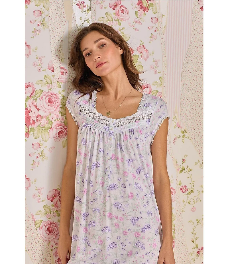 Eileen West Printed Cap Sleeve Sweetheart Neck Knit Short Nightgown